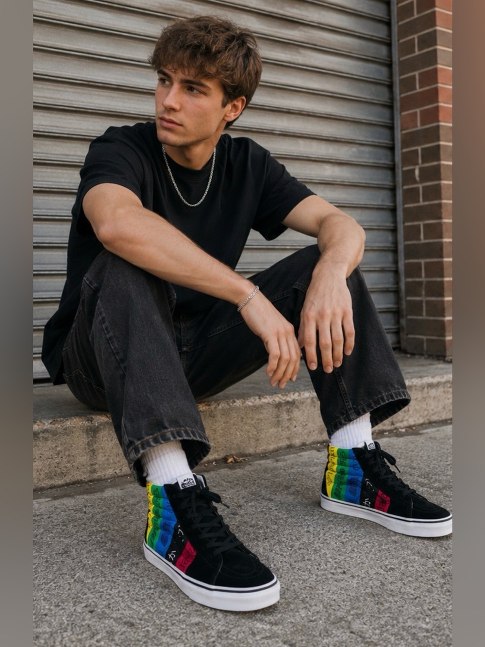 Vans Sk8-Hi Multicolor High Top Sneakers Size 7 Black Rainbow Colorful Unisex